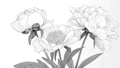 Detailed grayscale drawing of three peonies (1)