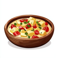 Spanish food pisto manchego national cuisine dish isolated on white background, colorful cartoon illustration