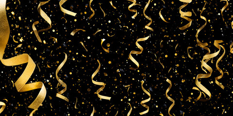 Sparkling Gold Confetti Falling with Black background, falling gold confetti  with streamers seamless pattern