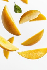 Falling identical mango slices floating in the air isolated on white background
