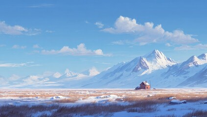 Winter landscape, a small house nestled amidst a snow-covered plain, against a backdrop of majestic snow-capped mountains under a clear blue sky