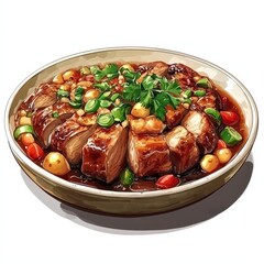 Chinese tomato and egg stir-fry fan qie chao dan national cuisine dish isolated on white background, colorful cartoon illustration