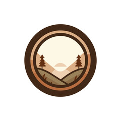 Scenic illustration of a sunset over rolling hills with pine trees and a serene atmosphere