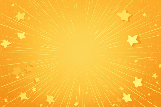 Bright yellow background with starburst rays and scattered stars.
