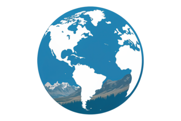 Stylized earth globe depicting continents over snowy mountains and forests isolated on transparent background