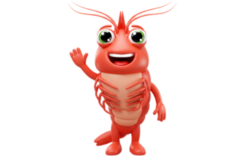 Cheerful Red Shrimp Cartoon Waving on Transparent Background