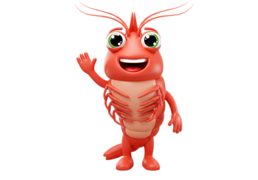 Cheerful Red Shrimp Cartoon Waving on Transparent Background - Powered by Adobe
