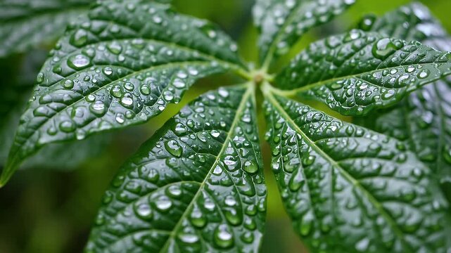 crystal clear raindrops resting delicately on vibrant green leaves after a fresh rainstorm captured in macro lens highlighting peaceful beauty of nature ideal for zen content rain themed visuals or