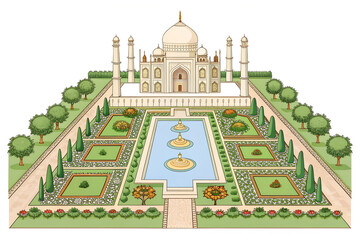 flat illustration   representation of Indian Mughal garden layout generative ai