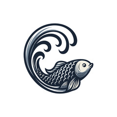 Stylized illustration of a fish swimming in a wave, symbolizing nature and fluidity