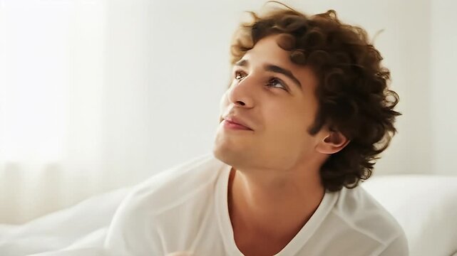 Young Man with Kissy Face and Curly Hair Blowing a Kiss in Bed