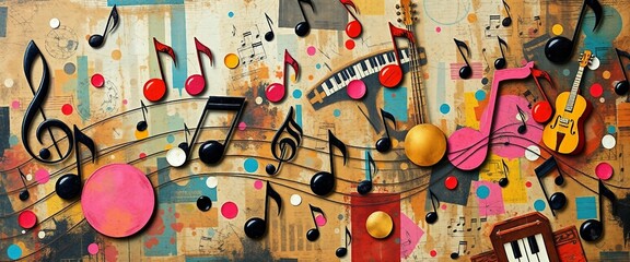 Kreative Collage mit bunten Noten, Gitarren, Klaviertasten und geometrischen Formen auf strukturiertem Hintergrund. Fr&ouml;hlich, verspielt und k&uuml;nstlerisch gestaltet.