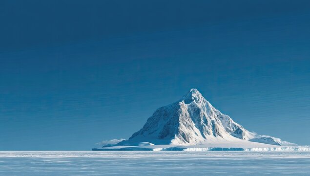 A solitary snow-capped mountain peak rises above a vast expanse of ice-covered plains under a vibrant blue sky