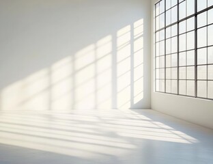 Fototapeta premium A minimalist interior space featuring large windows casting shadows on the white floor, creating a serene and bright atmosphere.