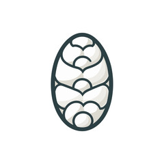 Stylized illustration of an oval-shaped design featuring layered, curved shapes resembling shells, set against a minimalist background