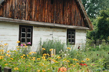 Rural cottage at the village, very old wooden house in Poland. Wooden cottage, summer time, Poland