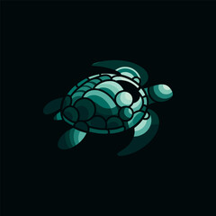 Stylized sea turtle swimming gracefully in dark waters, showcasing vibrant colors and patterns
