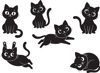 Six cute black cats in various poses kitten animal, cat, kitten, black cat, animal, pet, cute, cartoon, illustration, drawing, graphic, silhouette, playful, sitting, lying down, stretching, jumping, w