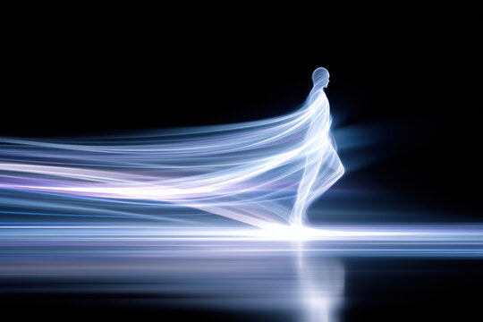 Ethereal figure in motion with flowing light trails creating a sense of dynamic energy and movement