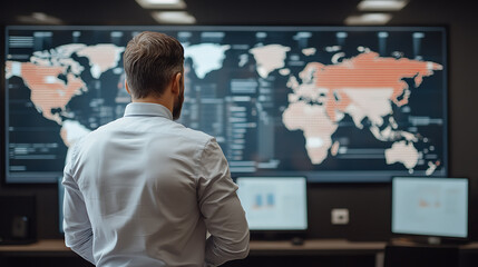 Analyst Views World Map Data: A man in a modern office studies a large digital world map, focusing on global trends and data visualization for strategic insights.