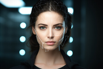 A portrait of a woman with a futuristic facial recognition grid on her face, perfect for illustrating AI, biometric security, or digital identity