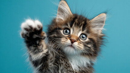 Cute Kitten Paw Reaching Out on Blue Background Adorable Maine Coon Breed