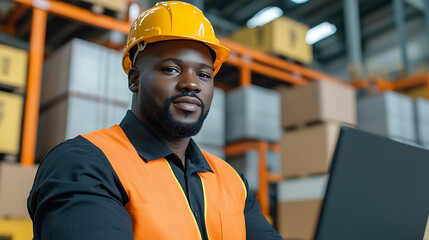 Warehouse worker in safety gear using a laptop, ensuring efficient inventory management and workplace safety. A focused, modern approach to logistics.