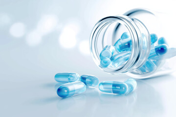 Transparent glass jar spilling blue capsules 