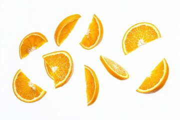 Falling identical orange slices floating in the air isolated on white background