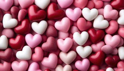 A vibrant assortment of colorful heart-shaped candies in various shades, perfect for celebrations and expressing love.