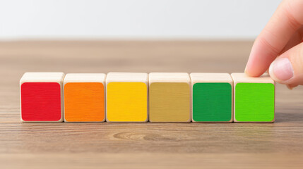 Colorful wooden blocks in row on wooden surface symbolize education and creativity with lighthearted play
