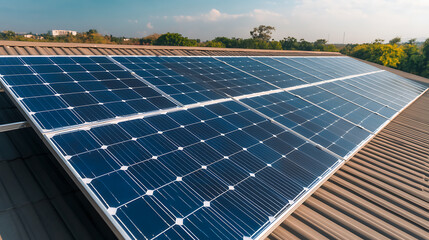 Solar Panels on Rooftop: Renewable energy source, converting sunlight into electricity for a sustainable future. Clean, efficient, and environmentally friendly.