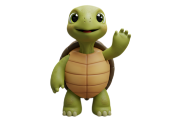 Friendly Green Turtle Cartoon Waving on Transparent Background