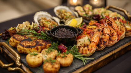 Fototapeta premium colorful seafood platter featuring large grilled shrimp, oysters, and crab cakes, garnished with herbs and served with tangy sauce, perfect for festive gathering