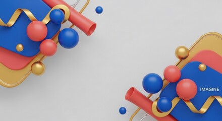 Abstract Composition with Spheres, Tubes, and Ribbons, "Imagine" Text on White Background