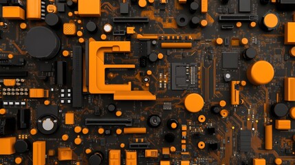 Fototapeta premium Abstract Circuit Board Design: Orange and Black Technology