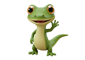 Obraz premium Happy Green Cartoon Lizard Waving on Transparent Background