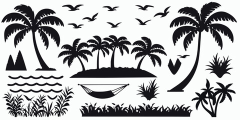 Tropical Island Silhouette Vector Set | Palm Trees, Birds, Hammock, Sea Waves, Nature Elements | Black and White Paradise Clipart for Design, Vacation, Beach, Summer, and Landscape Themes