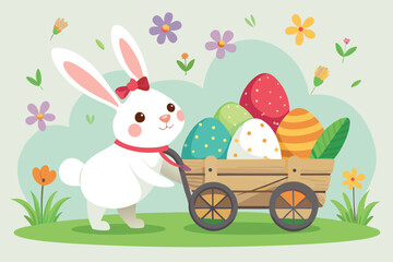 A cute easter bunny is pulling a cart full of colorful easter eggs © Samiya