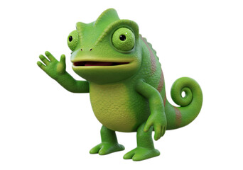 Fototapeta premium Green Cartoon Chameleon Waving on Transparent Background