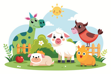 Naklejka premium Cheerful Farm Animals in a Sunny Meadow cute cartoon