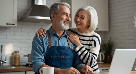 Happy senior couple cooking together in their kitchen using laptop recipe technology modern lifestyle retirement