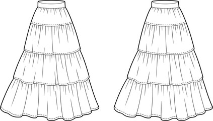 Cad drawing flat vector illustration, tiered skirt design, three-layer silhouette, horizontal seam detail, fashion sketch, garment template, apparel flat**
