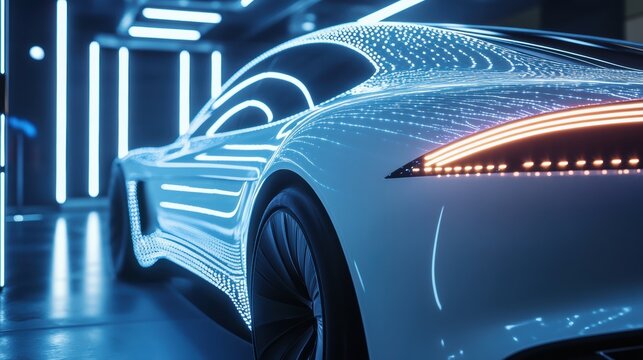 Futuristic electric vehicle in neon garage
