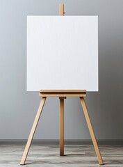 A blank canvas on a wooden easel against a minimalist background, ideal for artistic expression and creativity.