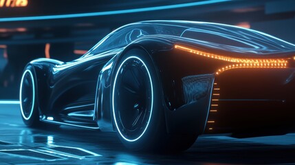 Futuristic black sports car in neon lights
