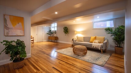 Bright Basement Interior With Wood Floors, Neutral Sofa, Plants and Modern Art