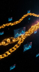 Digital blockchain technology network with golden interconnected links and data blocks