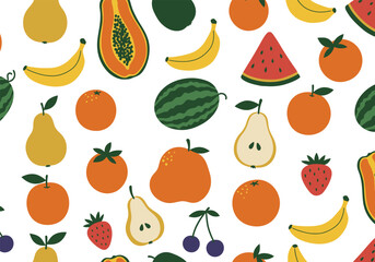 Seamless pattern of various fruits isolated on white background, featuring a vibrant and colorful design with a variety of fresh and healthy ingredients