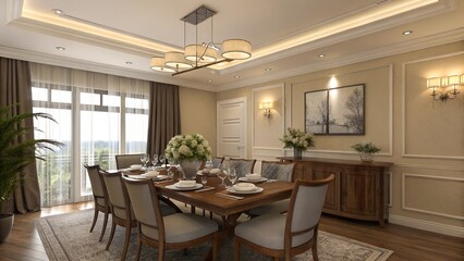 Fototapeta premium modern dining room with kitchen